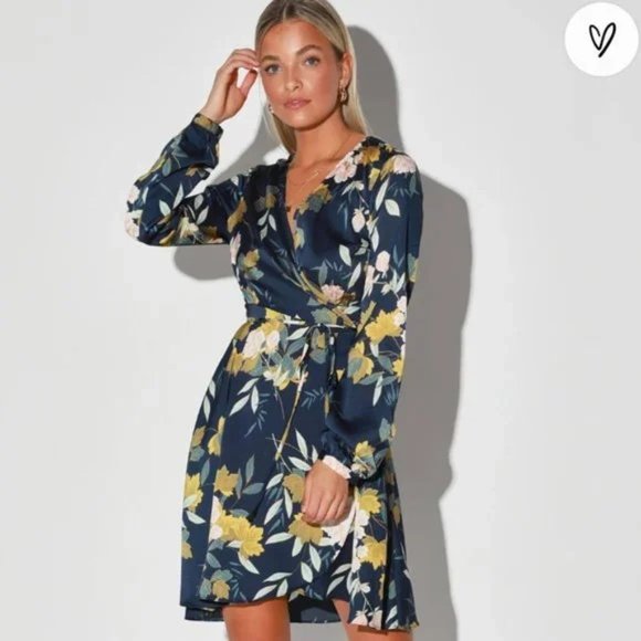 Love Is Life Navy Blue Floral Print Satin Wrap Dress
